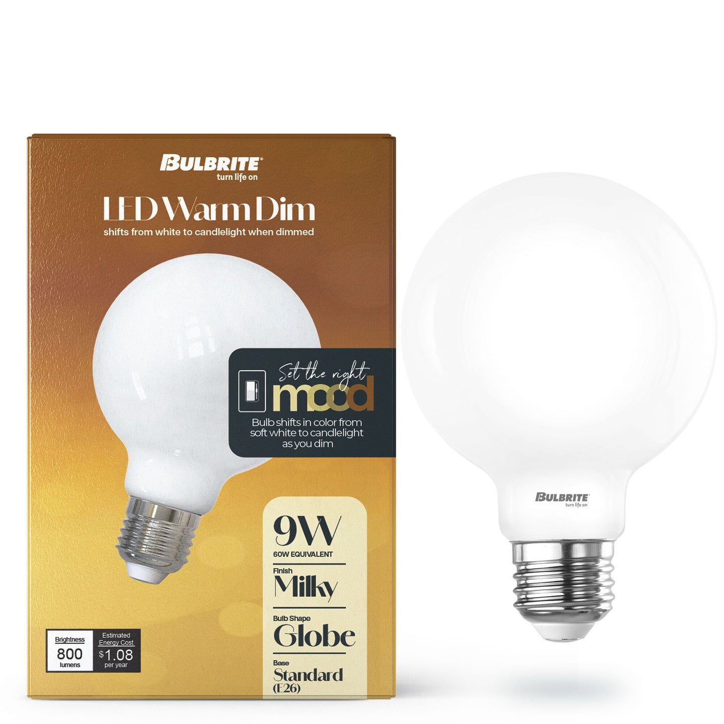 Bulbrite 776404 9W LED G25 3000K - 1800K FILAMENT MILKY WARM DIM