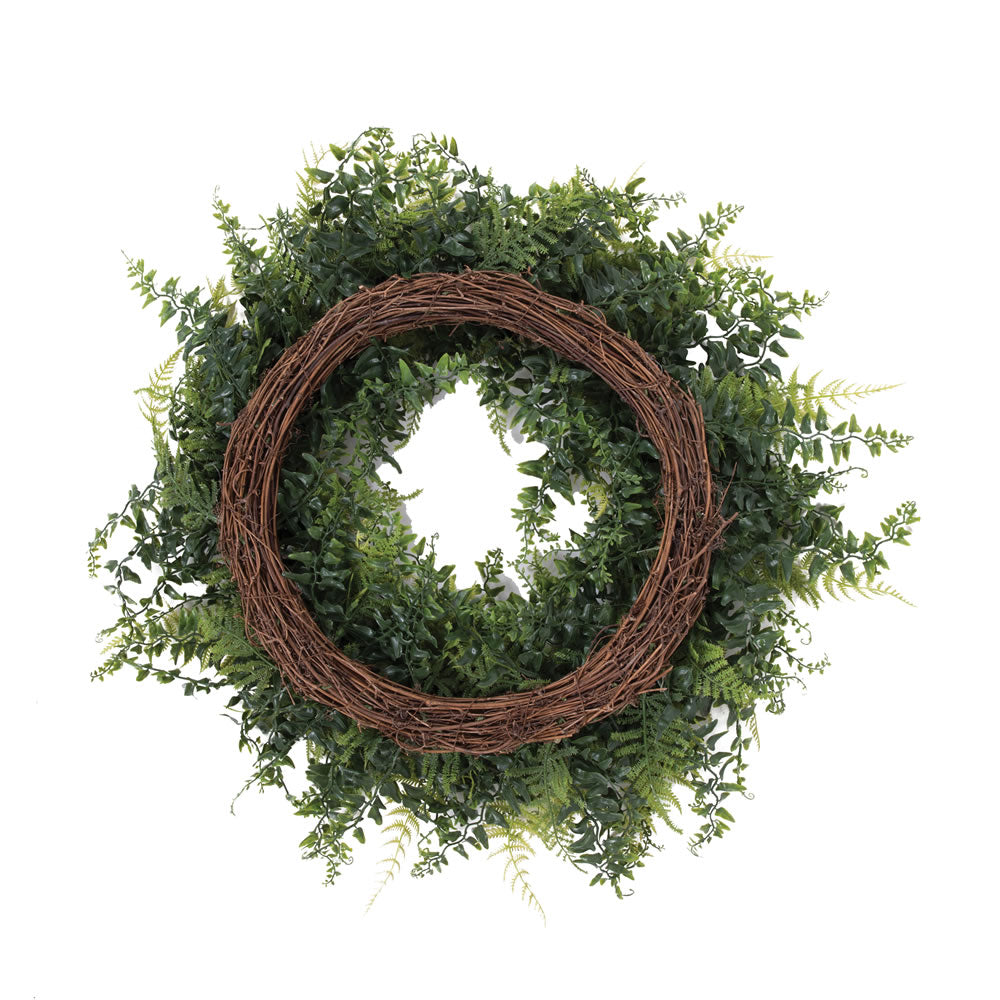 Vickerman 24" Artificial Green Buckler Fern and Grass Wreath.
