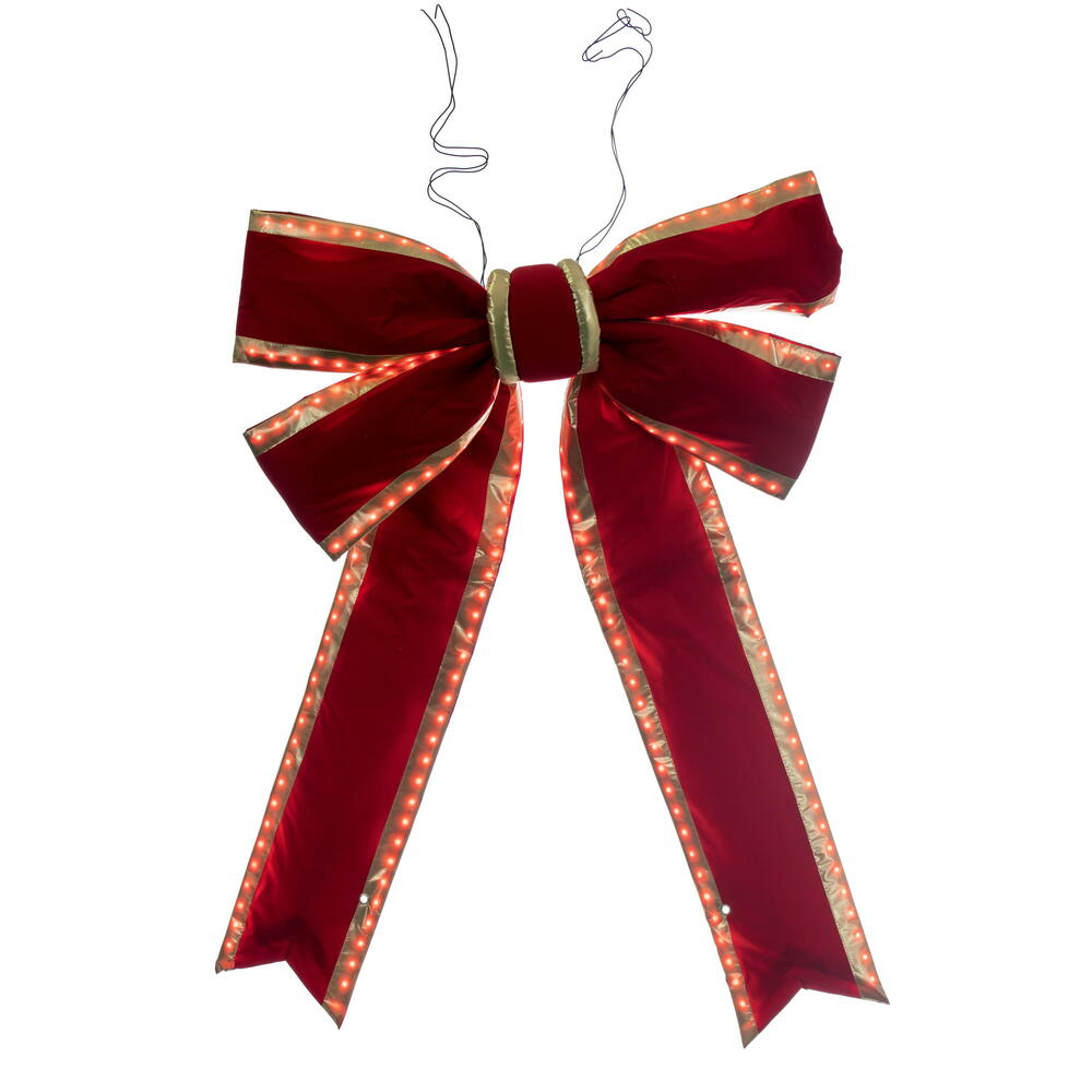 Vickerman 36" x 45" Red Velvet Gold Trim Outdoor Christmas Bow with UV Treated Material and Wire to Hang.