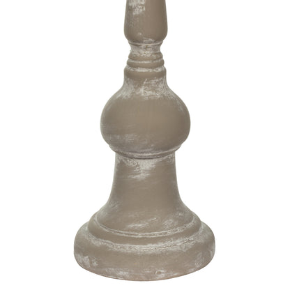 Vickerman 20.8" White Candlestick Polyresin. This candle stick is made of durable polyresin material. It features a modern shape with brushed accents. The candlestick measures 20.75" H x 5.75" W. It best suits a candle that is 3 inches in diameter.