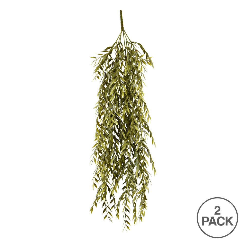 Vickerman 30" Artificial Light Green Salix Leaf Hanging Bush Set of 2