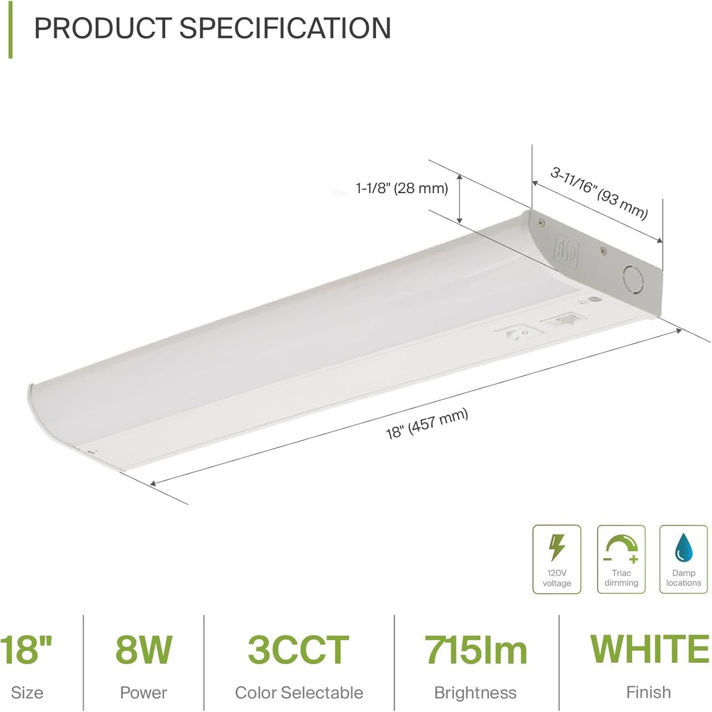 ASD Lighting LED Under Cabinet Bullnose 18" 8W 120V Dimmable CCT Selectable 3000/4000/5000K Hardwired, On/Off Switch, White ETL Energy Star 2pack