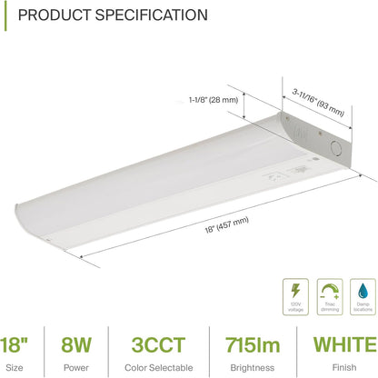 ASD Lighting LED Under Cabinet Bullnose 18" 8W 120V Dimmable CCT Selectable 3000/4000/5000K Hardwired, On/Off Switch, White ETL Energy Star 2pack