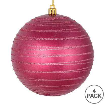 Vickerman 4" Berry Red Candy Finish Ball Ornament with Glitter Lines 4 per Bag