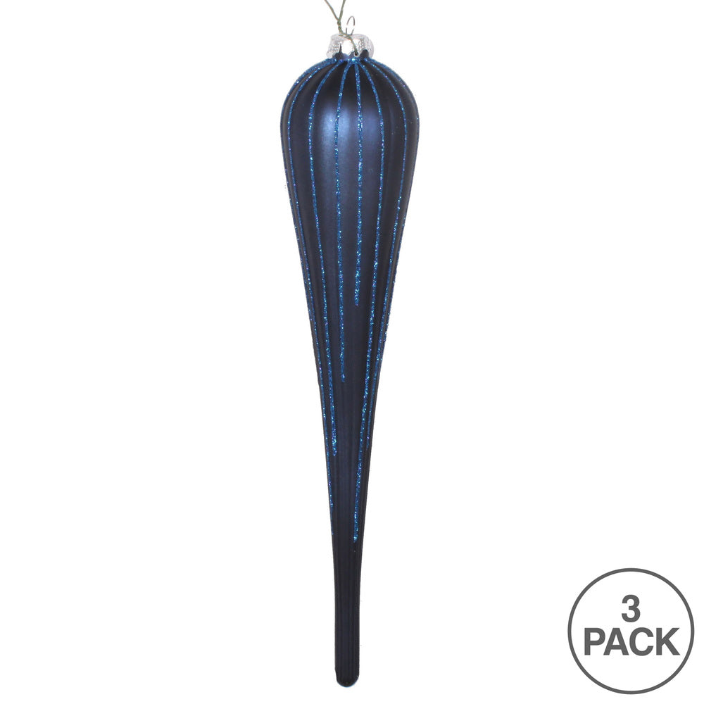 Vickerman 11" Midnight Blue Matte Glitter Drop Christmas Ornament Set of 3