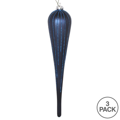 Vickerman 11" Midnight Blue Matte Glitter Drop Christmas Ornament Set of 3