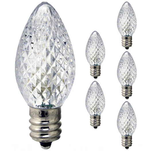 Damar- C7 LED Replacement Christmas Light Bulb Transparent Faceted 2700K Warm White E12 Candelabra Base 0.96W 100-130V Pack of 6- Shatterproof Clear String Light for Patio Holiday Party D?cor