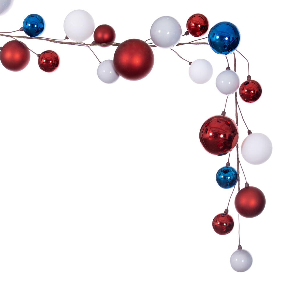 Vickerman 10' Red White And Blue Assorted Finish Branch Ball Ornament Garland.