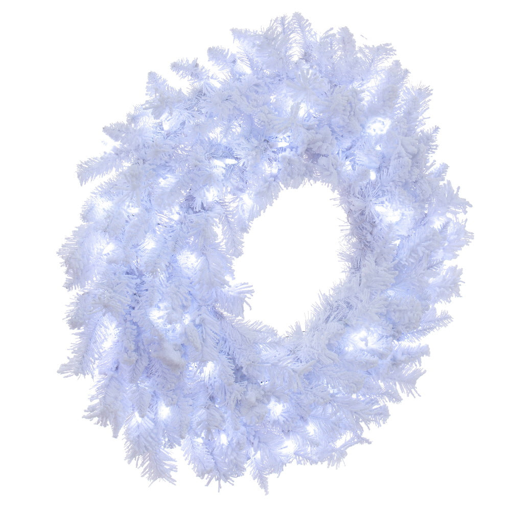 Vickerman 24" Flocked White Wreath  Pure White LED Mini Lights