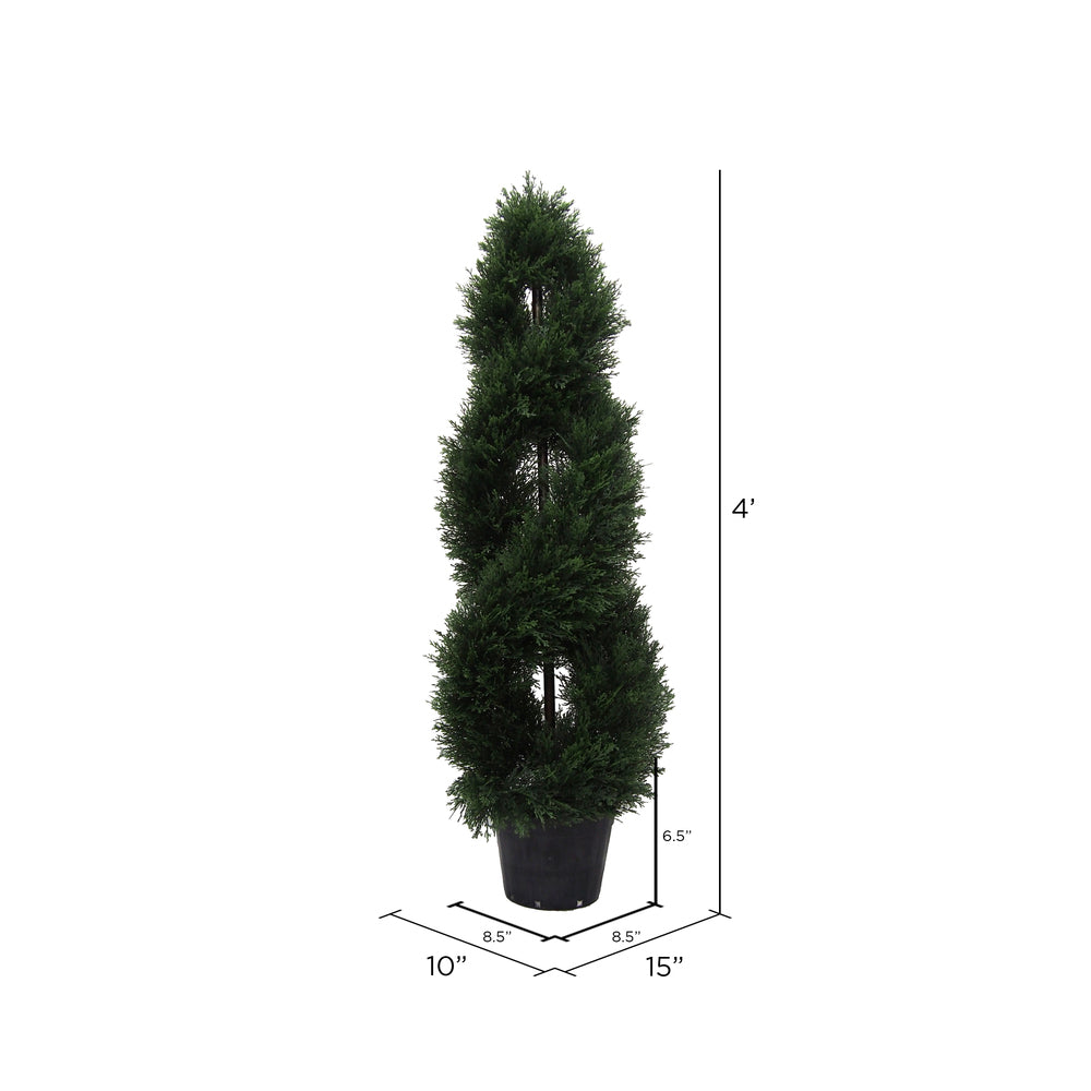 Vickerman 4' Artificial Green Cedar Double Spiral Topiary Black Plastic Pot.
