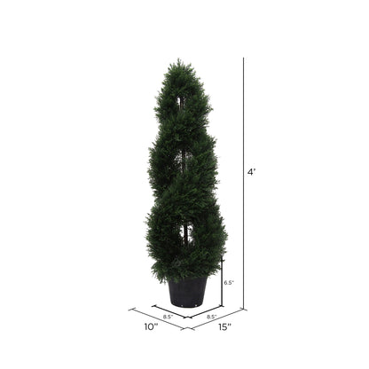 Vickerman 4' Artificial Green Cedar Double Spiral Topiary Black Plastic Pot.