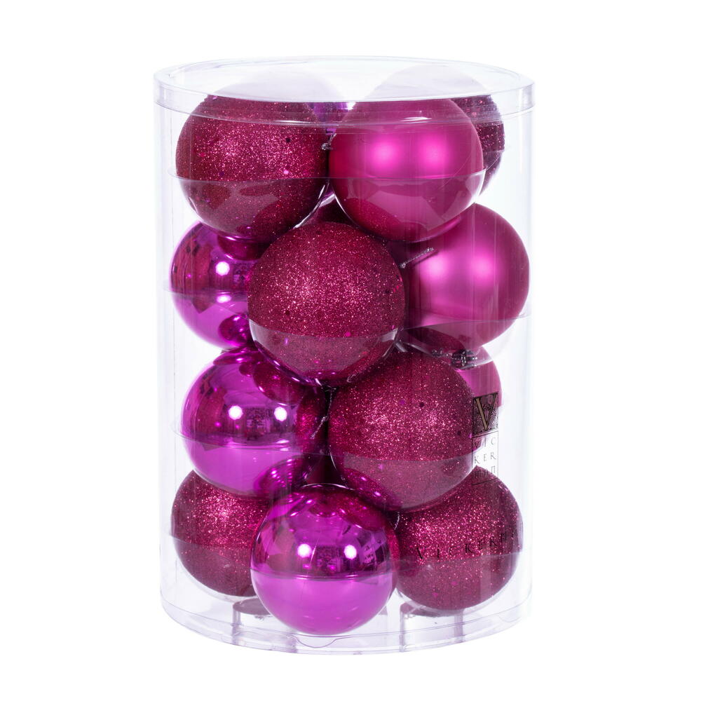 Vickerman 3" Hot Pink 4-Finish Ball Ornament Set 16 per box.