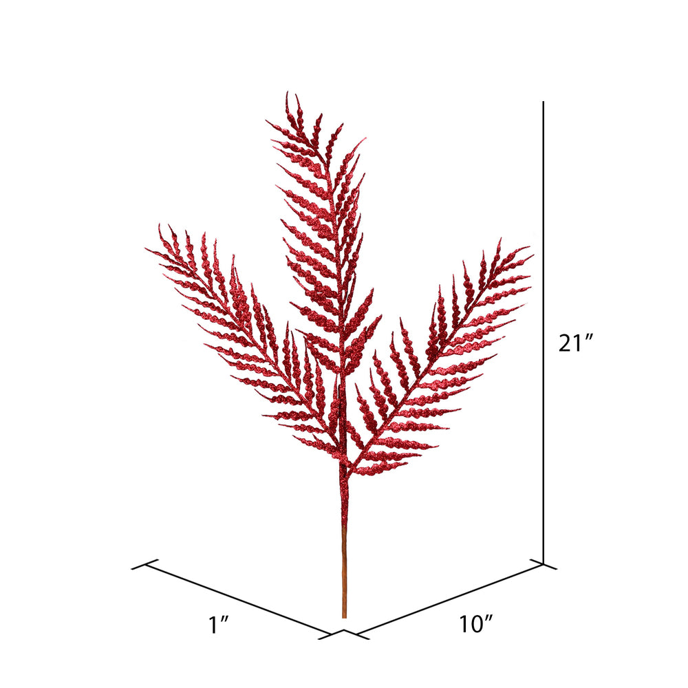 Vickerman 21" Burgundy Glitter Feather Fern Artificial Christmas Spray. Includes 12 sprays per pack.