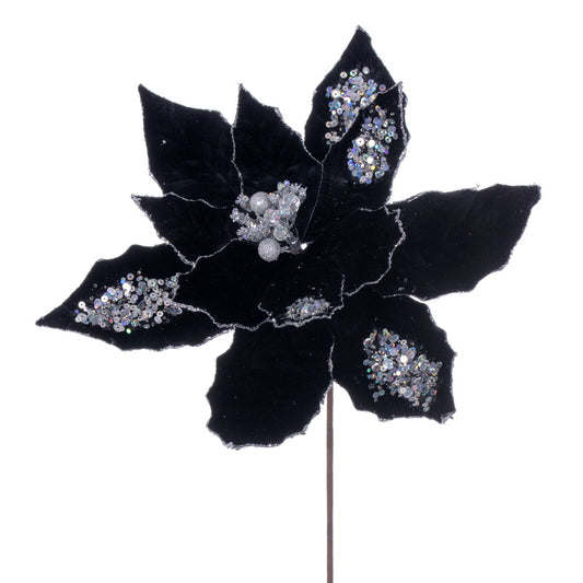 Vickerman 17" Artificial Black Poinsettia Christmas Stem 12" Flower 3 per bag