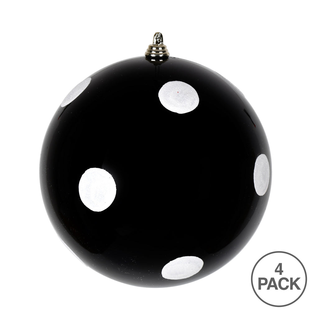 Vickerman 6" Black Candy Finish Ball Ornament with White Glitter Dots 4 per Bag