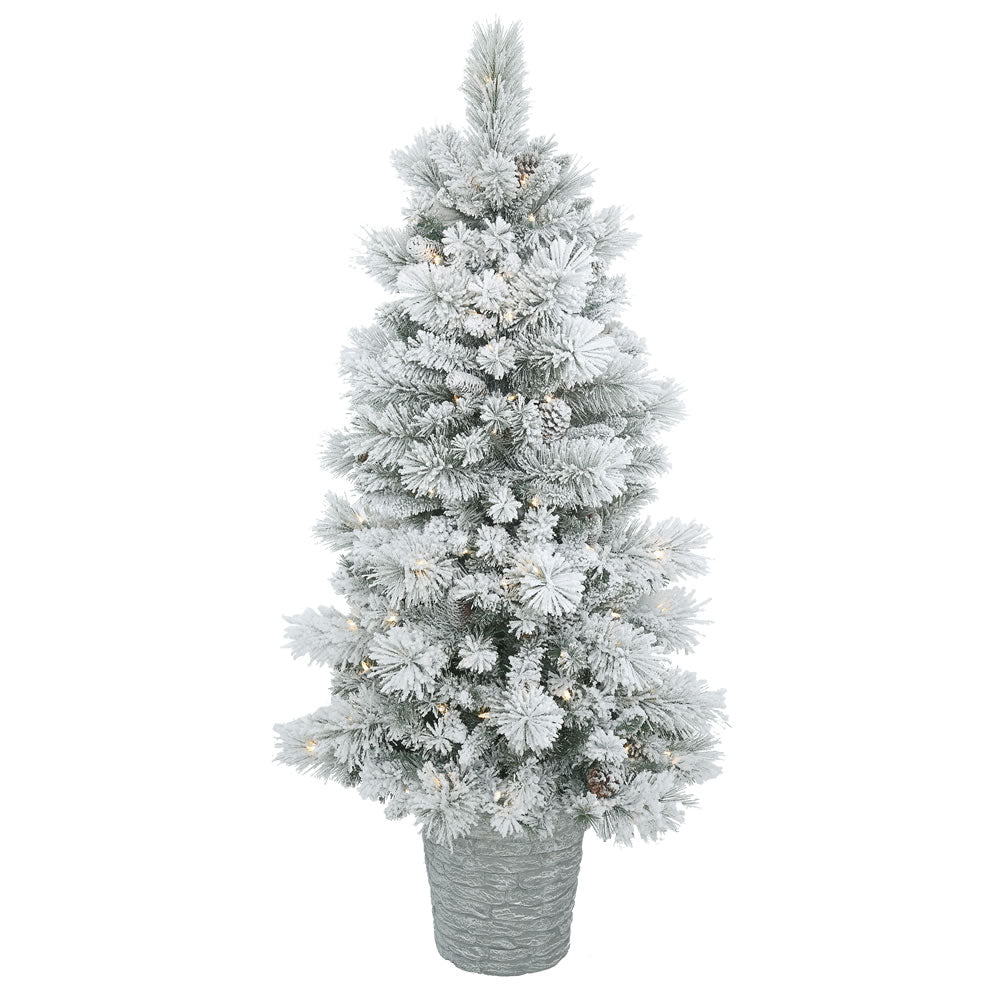 Vickerman 5' Potted Flocked Ashton Pine Artificial Christmas Tree Warm White Lights