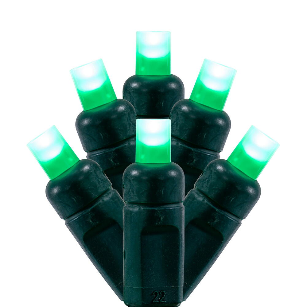 Vickerman 50 Frosted Green Wide Angle Single Mold End-Connecting LED Light Set with 22 Gauge Green Wire, 3"x 6"x 3" Spacing, 25' Long Christmas Light Strand. This light set has the ability to connect to as many as 45 sets. 4.8 watts, .04 Amps. Color Heade