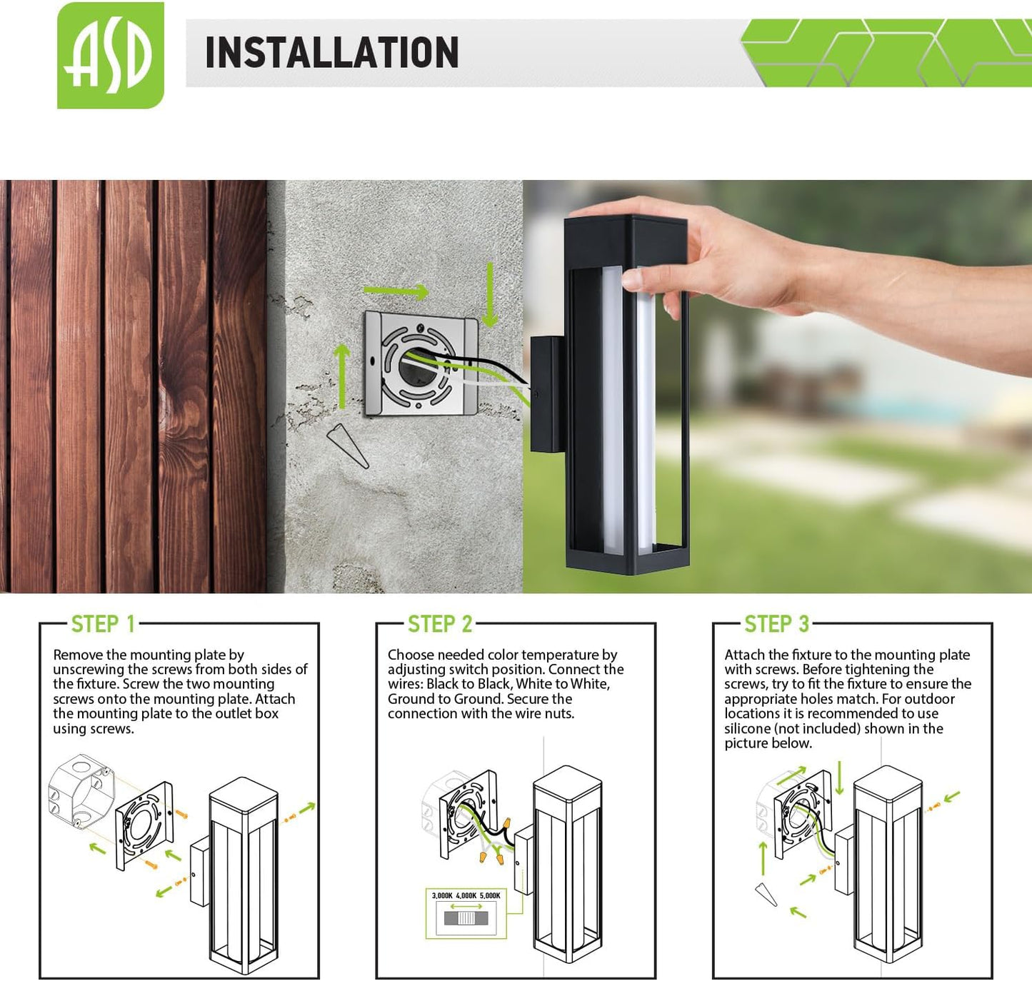 ASD Lighting LED Outdoor Wall Sconce 14" 12W CCT Selectable 3000/4000/5000K Dimmable White Acrylic Glass, Black ETL