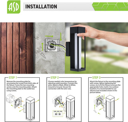 ASD Lighting LED Outdoor Wall Sconce 14" 12W CCT Selectable 3000/4000/5000K Dimmable White Acrylic Glass, Black ETL