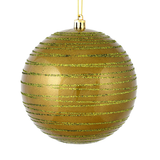 Vickerman 4" Olive Candy Finish Ball Ornament with Glitter Lines 4 per Bag