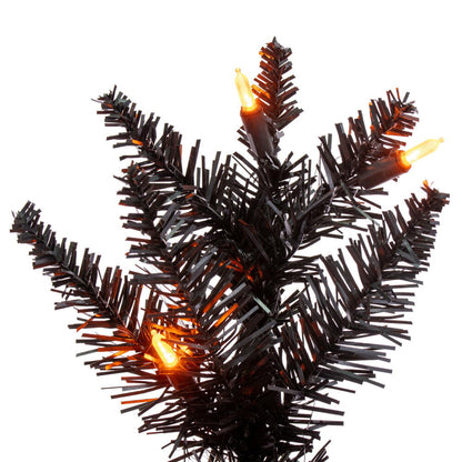 Vickerman 9.5' x 42" Black Pencil Artificial Pre-Lit Christmas Tree with 700 Dura-Lit® Orange LED Mini Lights. It measures 114 inches tall, and 28 inches wide, which is considered a pencil profile. This tree boasts 1700 tips for a realistic look. Pre-lit