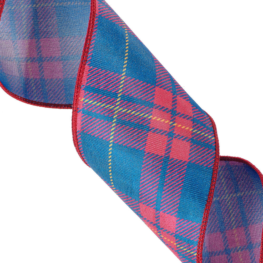 Vickerman 4" x 10 Yards Blue/Red Plaid Wired Edge Christmas Ribbon.