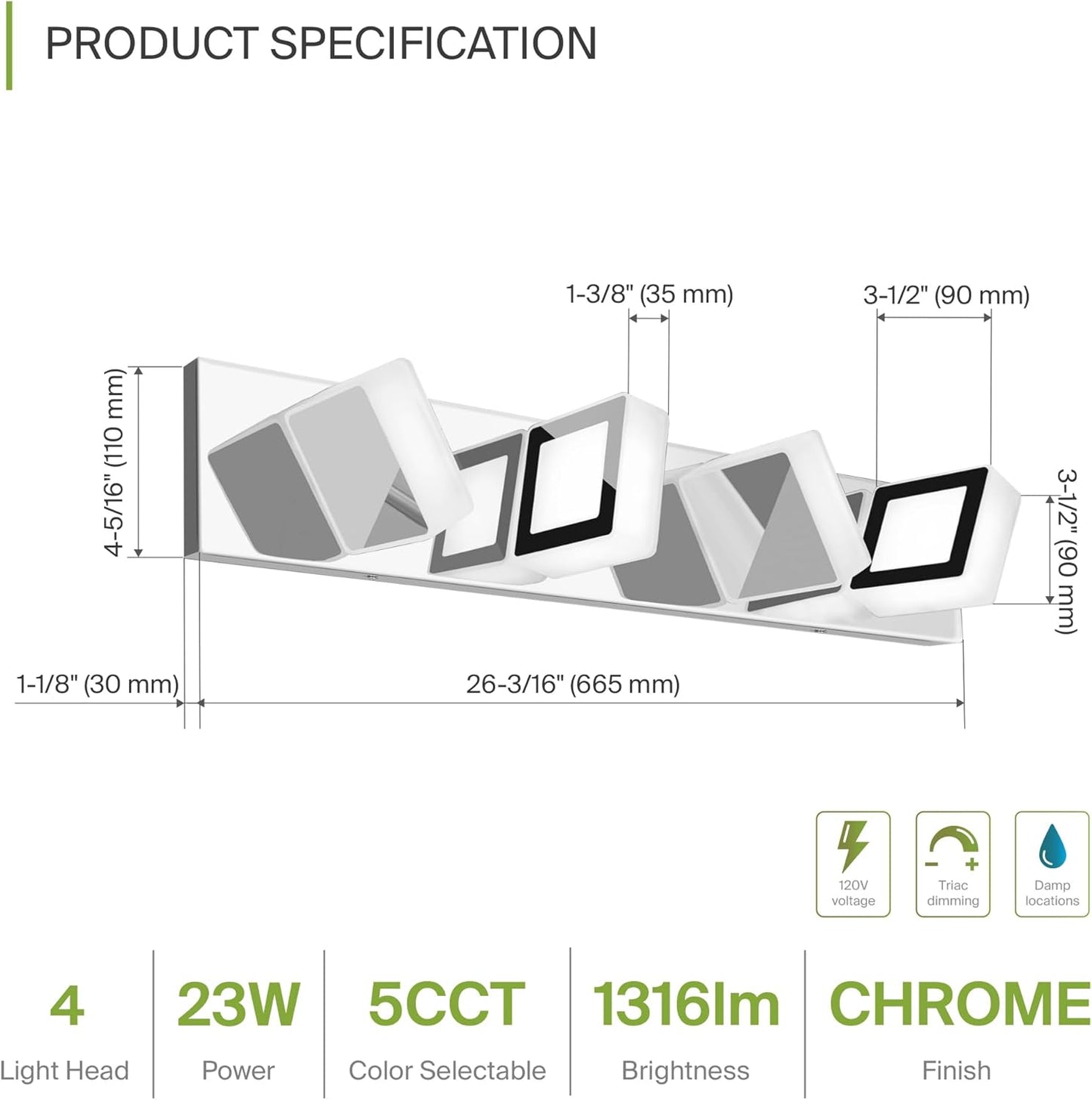 ASD Lighting LED Vanity 4-light 23W 120V with rotatable heads CCT Selectable 2700/3000/4000/5000/6000K Dimmable Chrome ETL