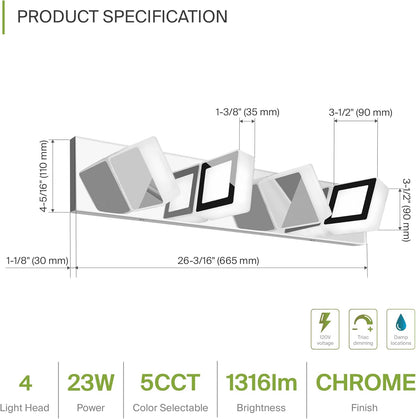 ASD Lighting LED Vanity 4-light 23W 120V with rotatable heads CCT Selectable 2700/3000/4000/5000/6000K Dimmable Chrome ETL