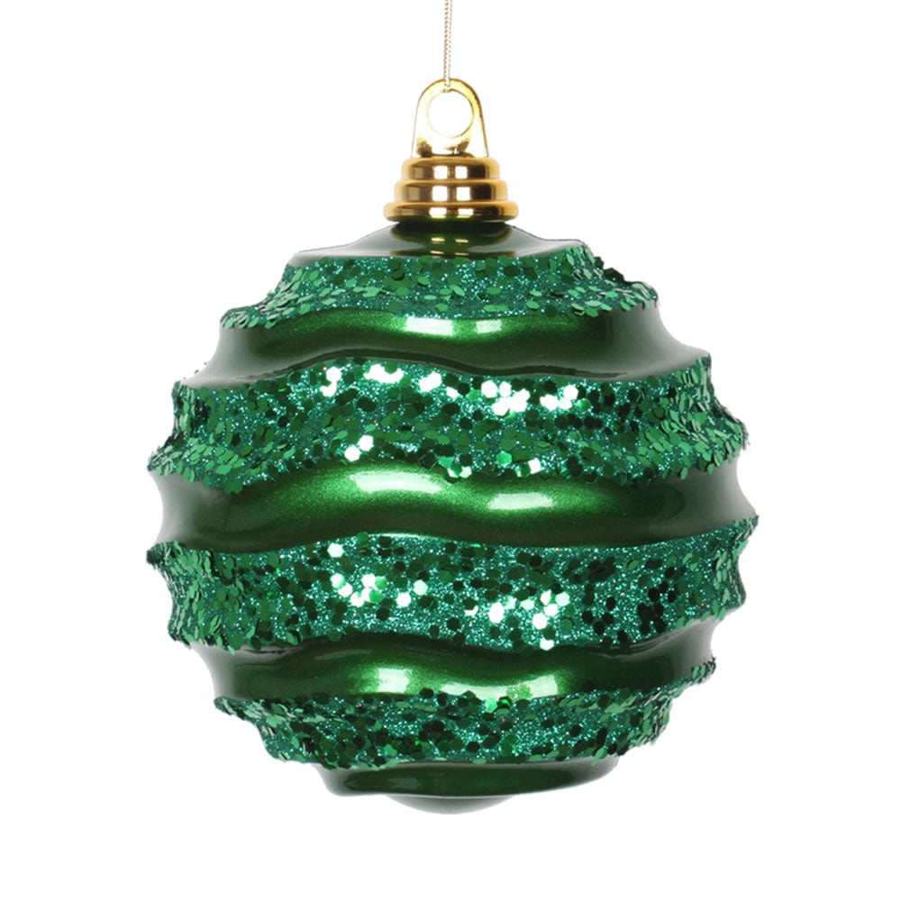 Vickerman 8' Green Stripe Candy Finish Wave Ball Christmas Ornament with Glitter Accents