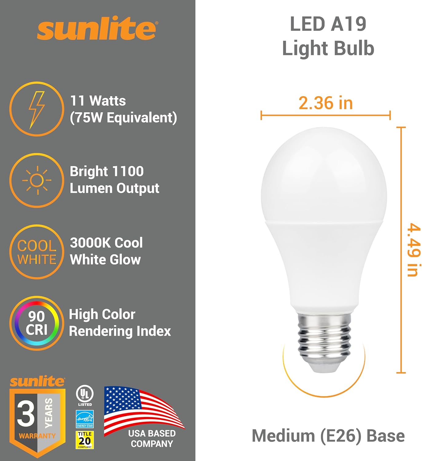 Sunlite LED A19 Light Bulb, 11 Watts (75W Equivalent), 1100 Lmns, 120V, Dimmable, Medium E26 Base, 90 CRI, 230 Degree Beam Angle, UL Listed, Title-20 Compliant, 4000K Cool White, 6 Pack