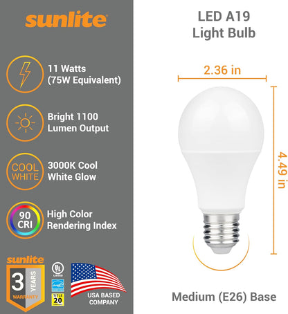 Sunlite LED A19 Light Bulb, 11 Watts (75W Equivalent), 1100 Lmns, 120V, Dimmable, Medium E26 Base, 90 CRI, 230 Degree Beam Angle, UL Listed, Title-20 Compliant, 4000K Cool White, 6 Pack