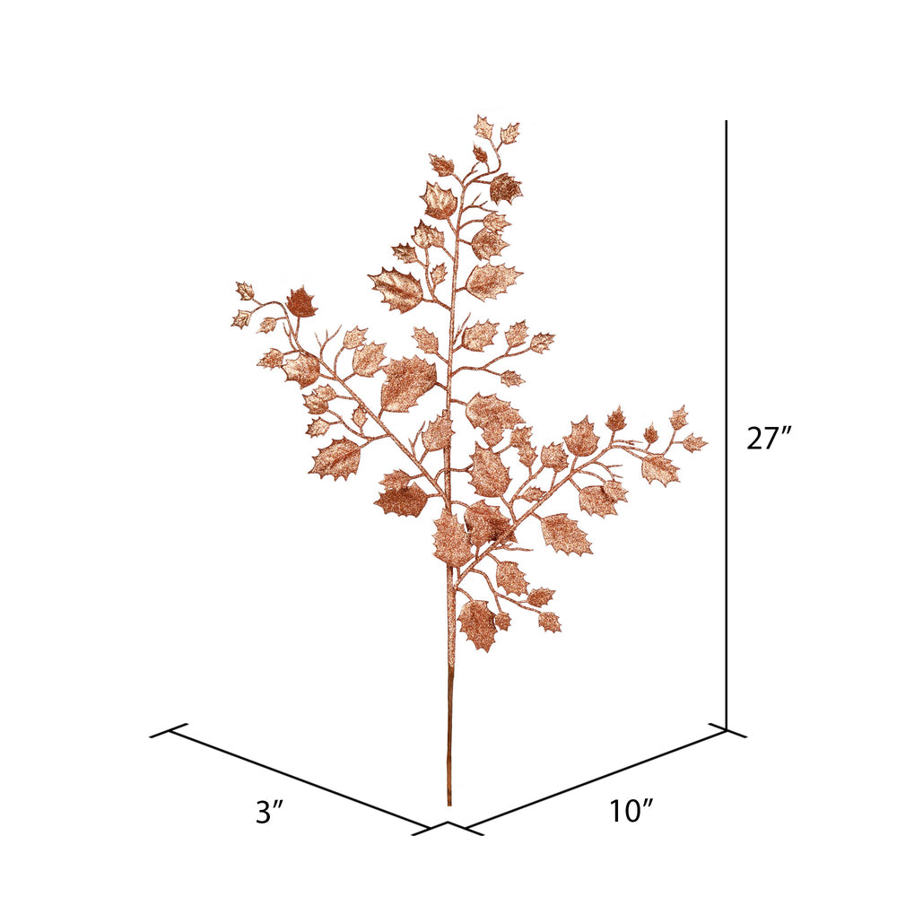 Vickerman 27" Rose Gold Glitter Holly Leaf Artificial Christmas Spray. Includes 12 sprays per pack.