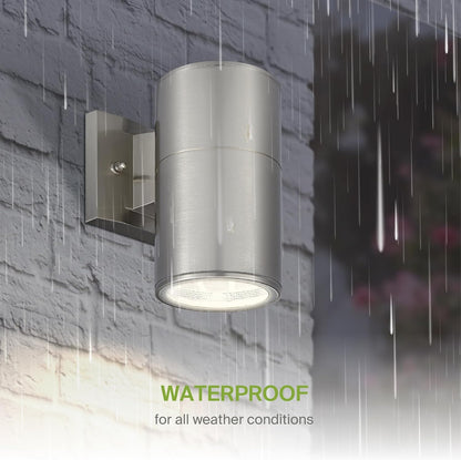 ASD Lighting BULB Round Outdoor Wall Cylinder, Up And Downlight Fixture, 120V, 6.38Wide, 50°, 60W Max, Stainless Steel Finish
