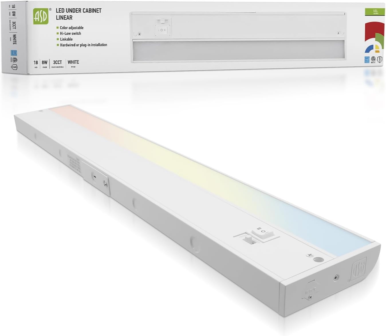 ASD Lighting LED Under Cabinet Linear 18" 8W 120V Dimmable CCT Selectable 2700/3000/4000K Hardwired or Plug-in, Linkable, Hi/Low Switch, White UL