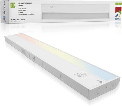 ASD Lighting LED Under Cabinet Linear 18" 8W 120V Dimmable CCT Selectable 2700/3000/4000K Hardwired or Plug-in, Linkable, Hi/Low Switch, White UL