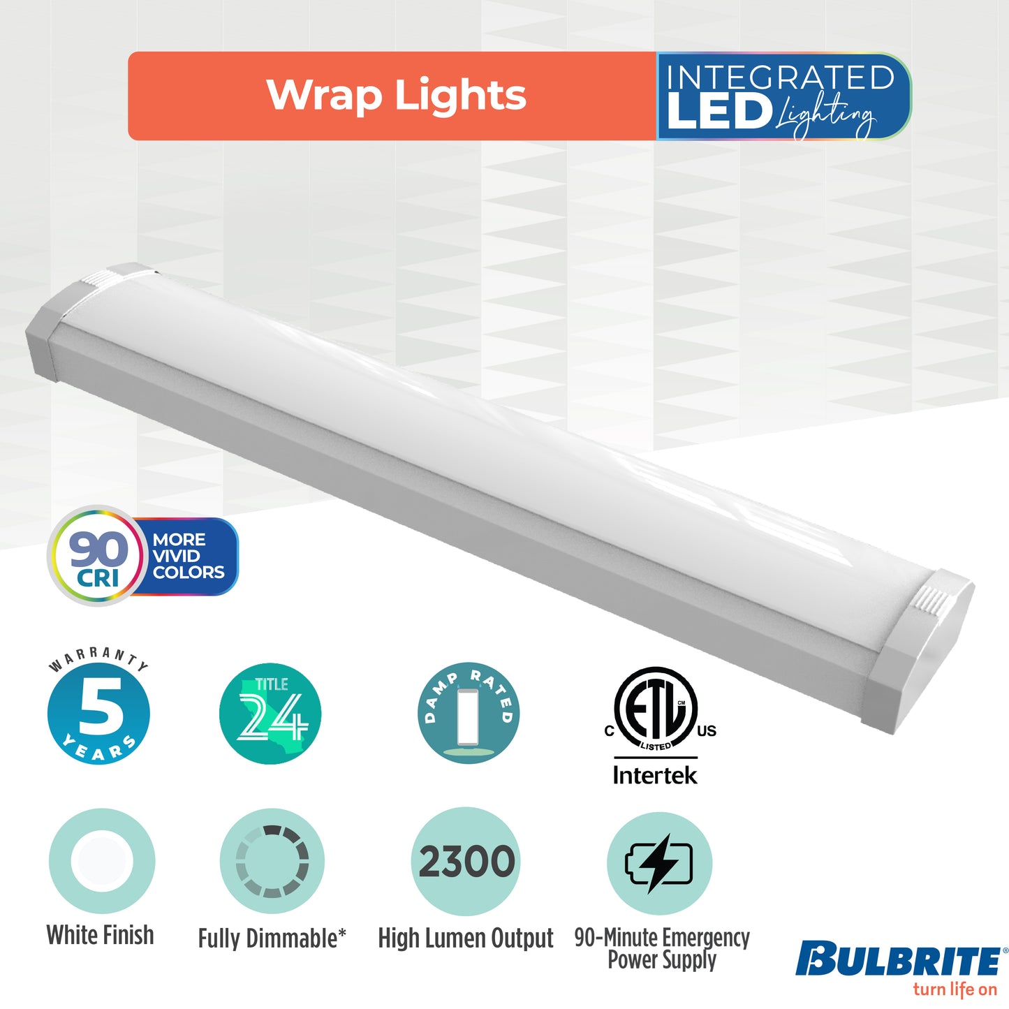 Bulbrite 773504 2 ft. 3000K LED Dimmable Wraparound Light W/ Battery Backup (120-277v), 2300 Lumens, White