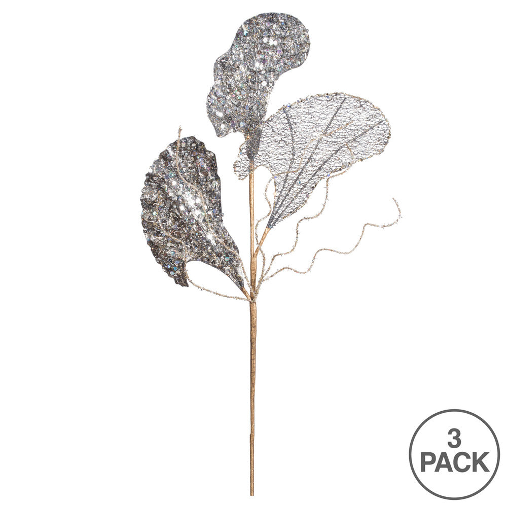 Vickerman 20" Silver Fiddle Leaf Glitter Artificial Christmas Spray. Includes 3 sprays per pack.