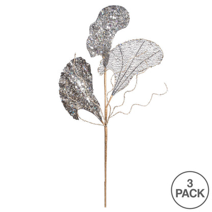 Vickerman 20" Silver Fiddle Leaf Glitter Artificial Christmas Spray. Includes 3 sprays per pack.