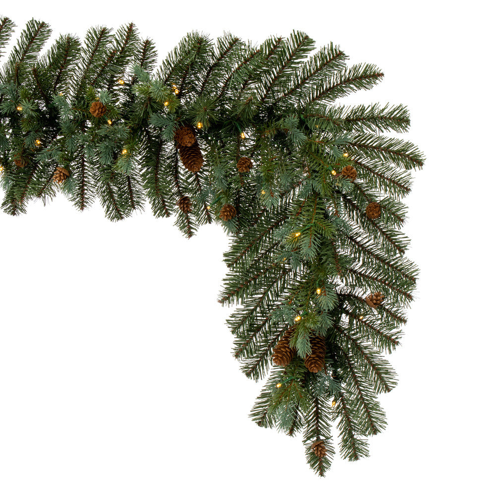 Vickerman 6' x 14" Blue Spruce Pine Cone Artificial Pre-Lit Garland Battery Operated Warm White LED Lights.