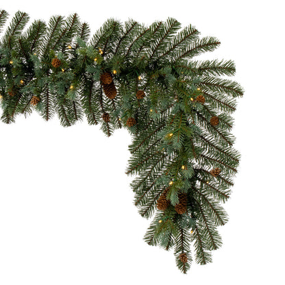 Vickerman 6' x 14" Blue Spruce Pine Cone Artificial Pre-Lit Garland Battery Operated Warm White LED Lights.