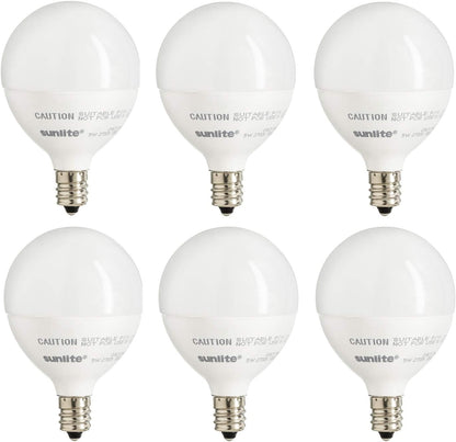 Sunlite 82041 LED G16.5 Light Bulb, 5 Watts (40W Equivalent), 350 Lumens, 90 CRI, Candelabra Base (E12), Frost, Dimmable, Energy Star, Title-20 Compliant, ETL Listed, 3000K Warm White, 6 Pack