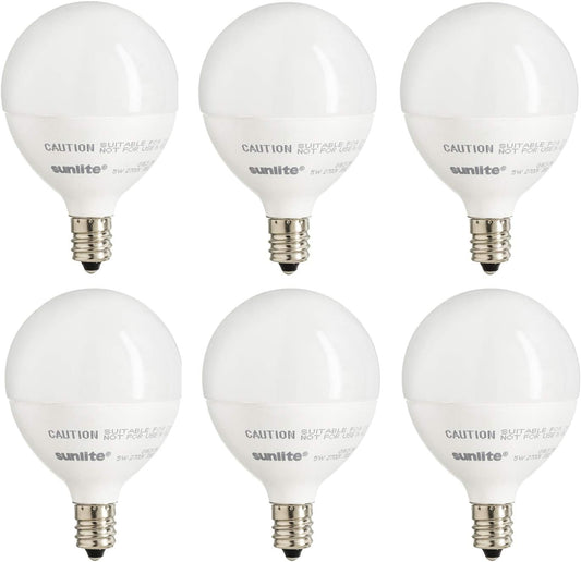 Sunlite 82041 LED G16.5 Light Bulb, 5 Watts (40W Equivalent), 350 Lumens, 90 CRI, Candelabra Base (E12), Frost, Dimmable, Energy Star, Title-20 Compliant, ETL Listed, 3000K Warm White, 6 Pack