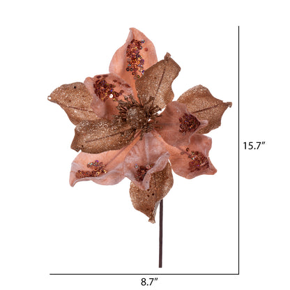 Vickerman 15" Artificial Rose Gold Deluxe Magnolia Christmas Stem 8" Flower 6 per bag