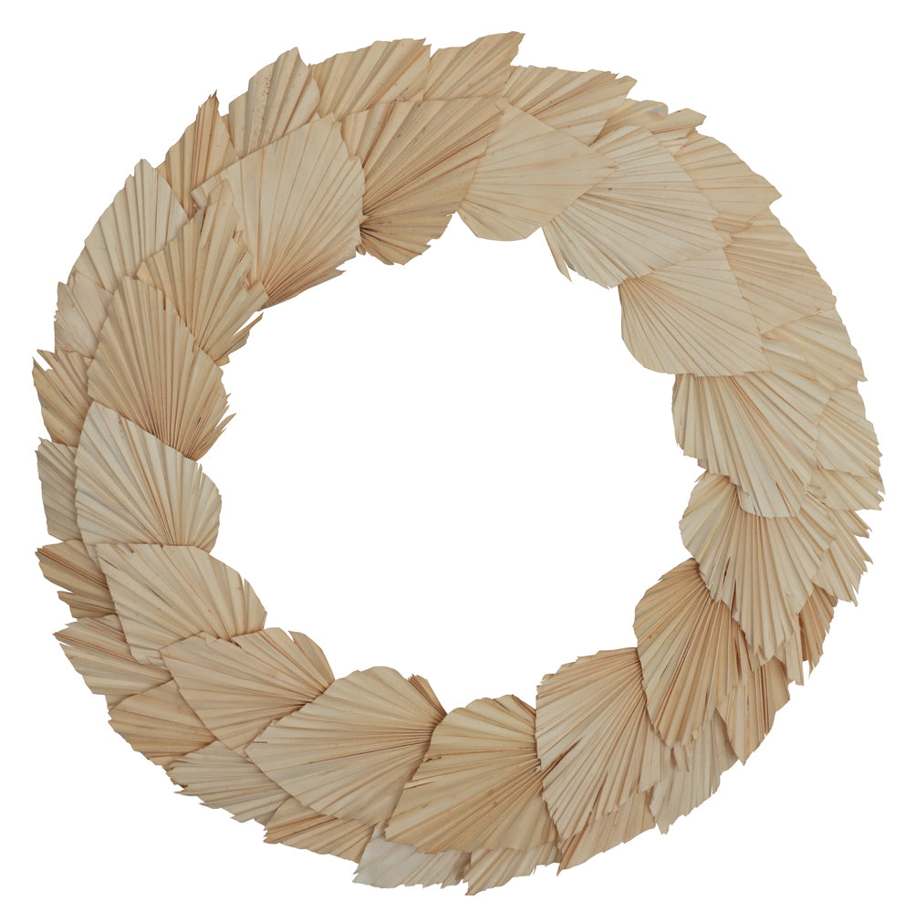 Vickerman Natural Botanicals 24" Bleached Palm Spear Wreath. This wreath measures 24 inches in diameter. It features bleached palm spear leaves on a coco fiber base. This is a dried and preserved natural product.