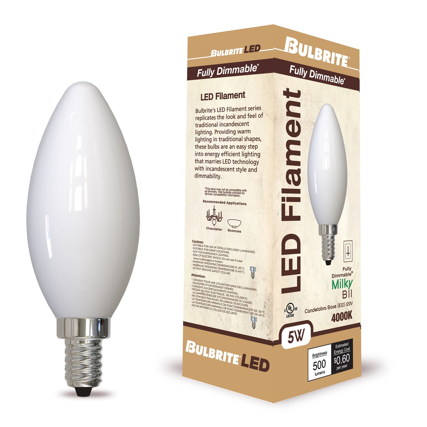 Bulbrite 5W LED LIGHT BULB B11 4000K FILAMENT MILKY FINISH, E12 CANDELABRA BASE, DIMMABLE, 4PK (776934)