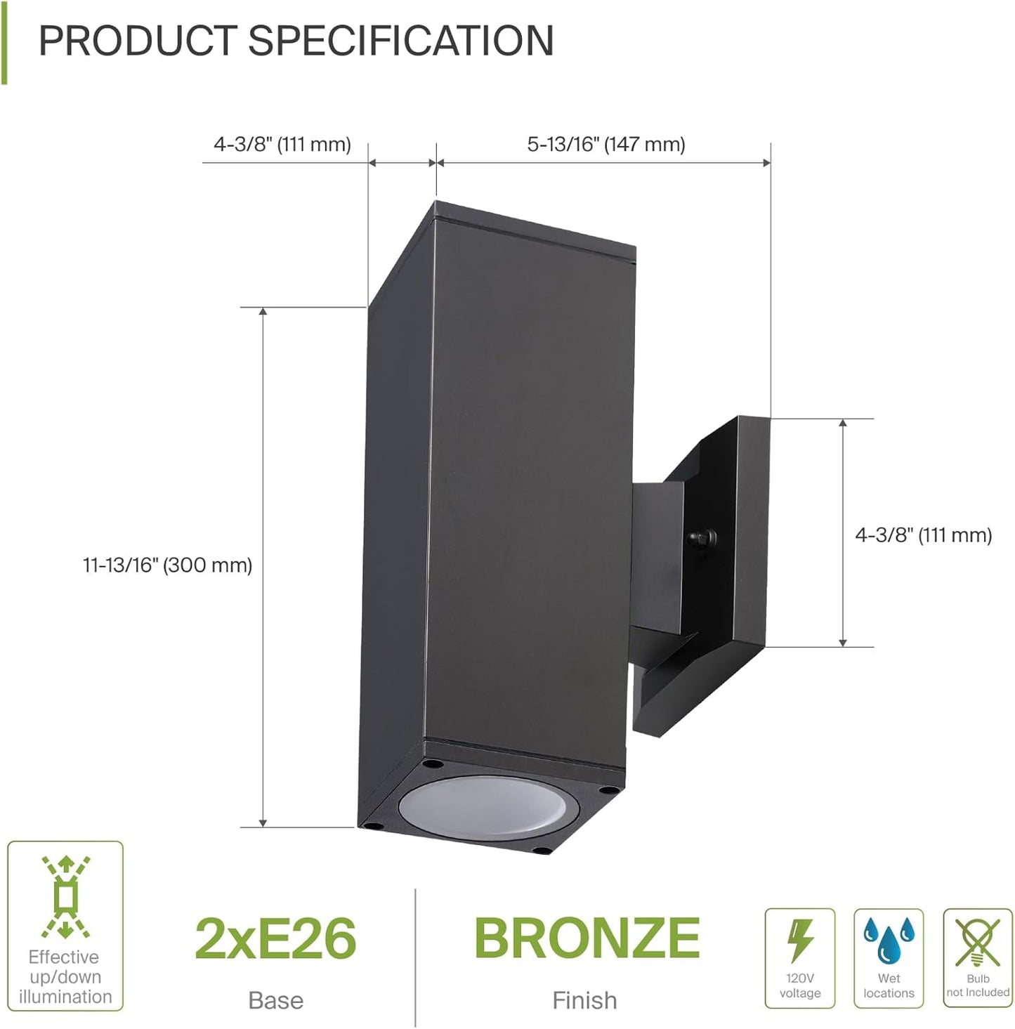 ASD Lighting BULB Square Outdoor Wall Cylinder, Up and Downlight Fixture, 120V, 60W Max, 11.81", 50°, Bronze Finish