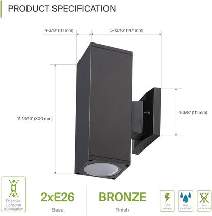 ASD Lighting BULB Square Outdoor Wall Cylinder, Up and Downlight Fixture, 120V, 60W Max, 11.81", 50°, Bronze Finish
