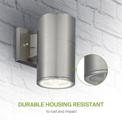ASD Lighting BULB Round Outdoor Wall Cylinder, Up Or Downlight Fixture, 120V, 6.38Wide, 50°, 60W Max, Stainless Steel Finish