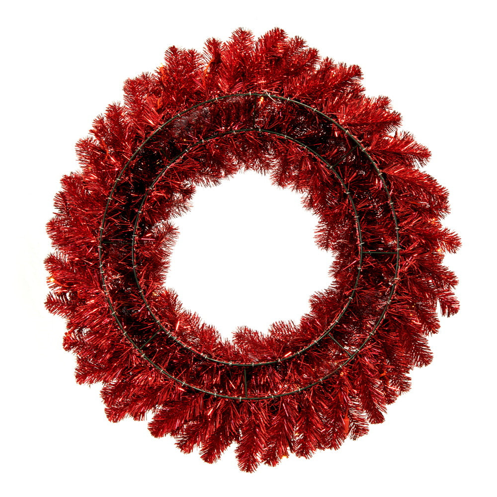 Vickerman 48" Artificial Deluxe Red Tinsel Christmas Wreath Warm White Single Mold Wide Angle Mini Lights