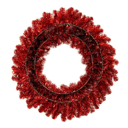 Vickerman 48" Artificial Deluxe Red Tinsel Christmas Wreath Warm White Single Mold Wide Angle Mini Lights